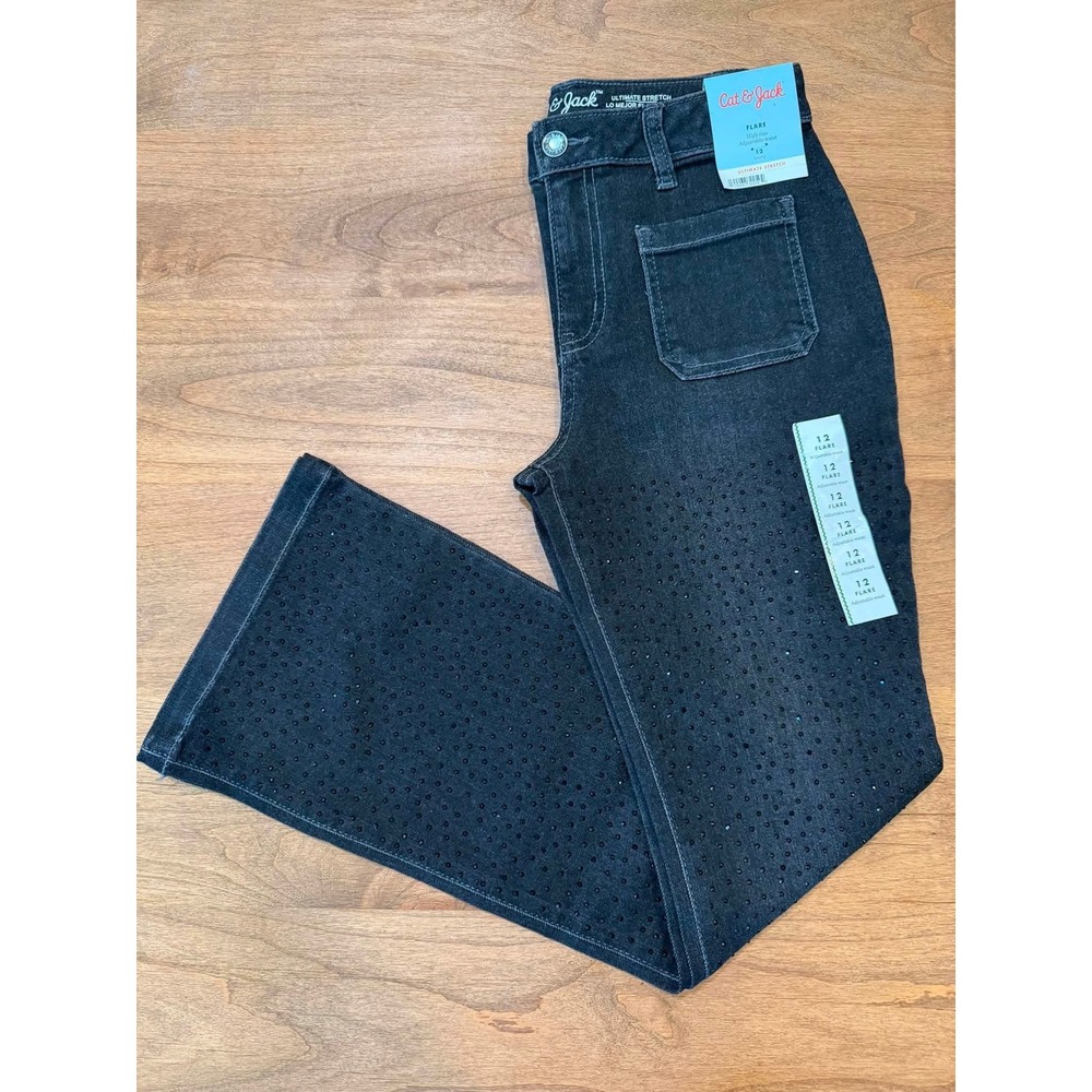 Cat & Jack Girls Flare Jeans Dark Wash Rhinestone Embellished Size 12 NWT